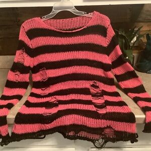 Punk goth striped distressed sweater pink & black sz M